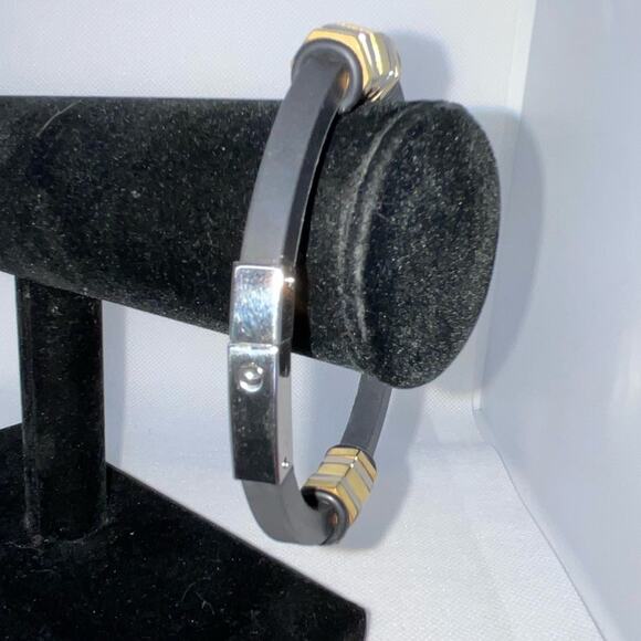 BLACK RUBBER GOLD SILVER STAINLESS STEEL BEADS CLASP BANGLE BRACELET 3” - Picture 3 of 8